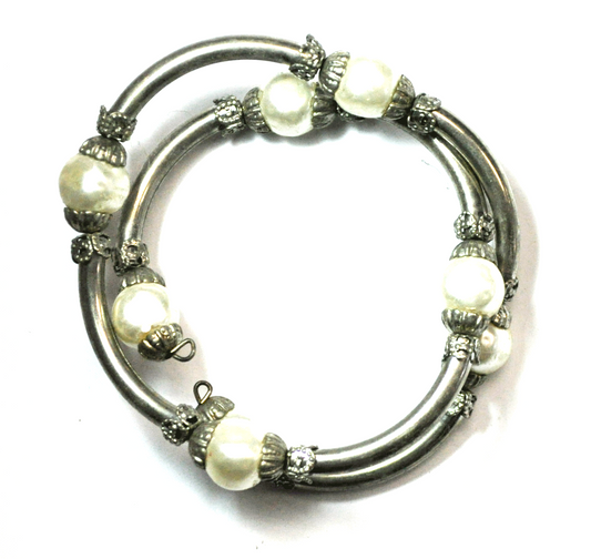 Silver Plated 10mm Faux Pearl Wrap Around Coil Small Bangle Bracelet