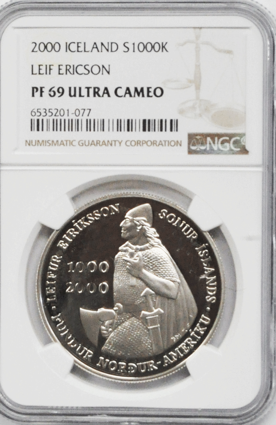 2000 Iceland 1000K Thousand Kronur Silver Leaf Ericson Commemorative NGC PF69UC