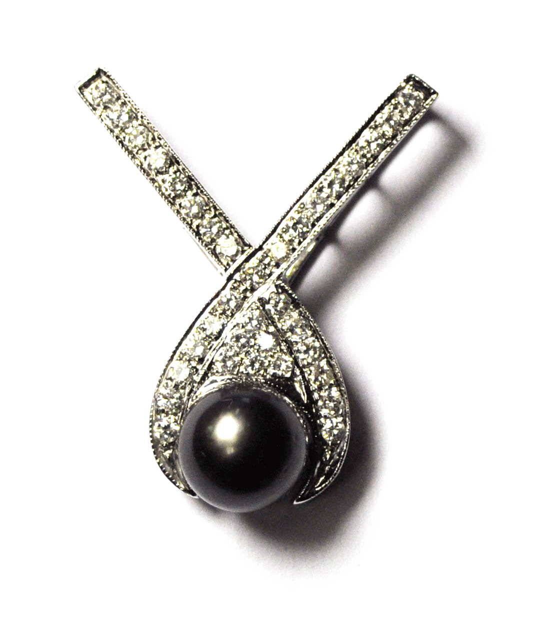 14k White Gold SBT Diamond 10mm Black Tahitian Pearl X Slide Pendant Enhancer
