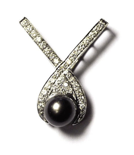 14k White Gold SBT Diamond 10mm Black Tahitian Pearl X Slide Pendant Enhancer