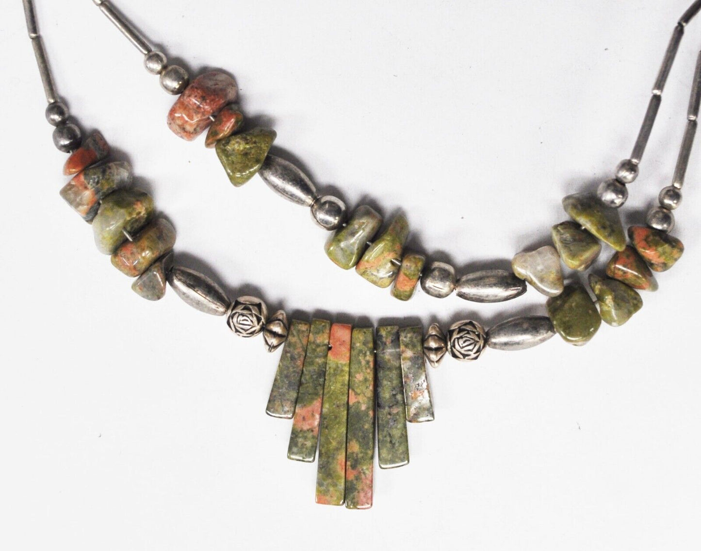 Silver Plated 26mm Unakite Piano Key Bead Necklace 2 Tier 19" Necklace