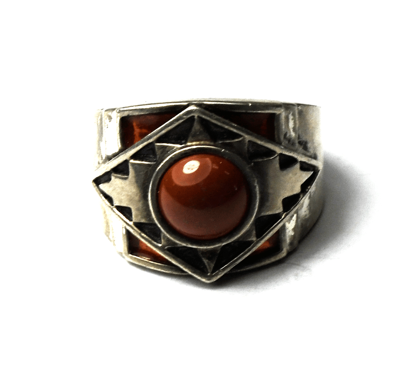 Sterling FM Round Red Jasper & Enamel Ring 17mm Band Size 9
