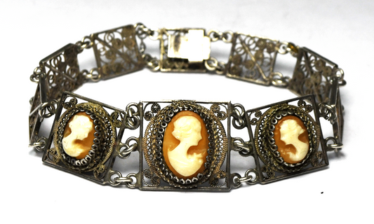 800 Fine Silver Shell Cameo Filigree Panel Bracelet 18mm 7.25"