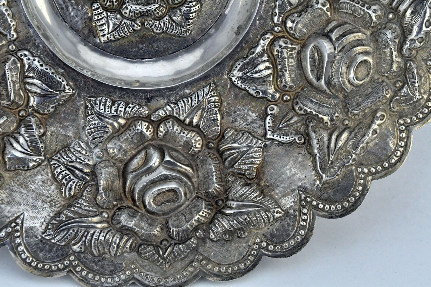 Vintage V. Acosta Signed .900 Fine Silver Mexico Tray 12" Rose Pattern 13.2oz.