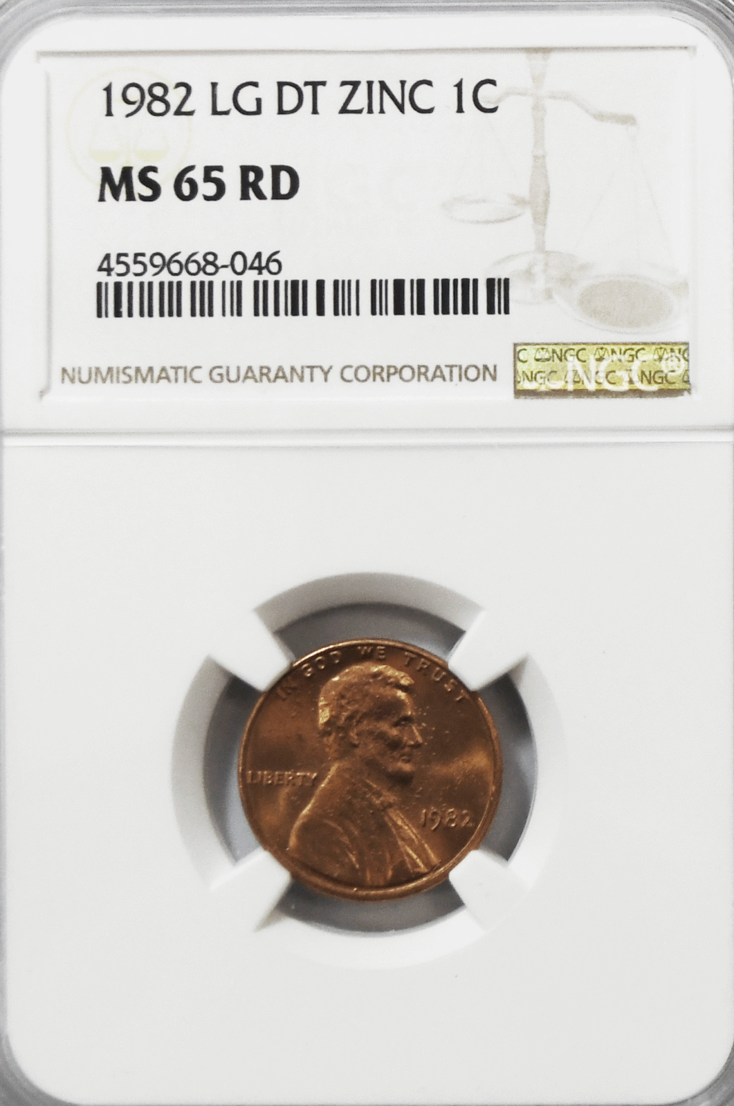 1982 1c Lincoln Memorial Cent One Penny NGC MS 65 RD Large Date Zinc