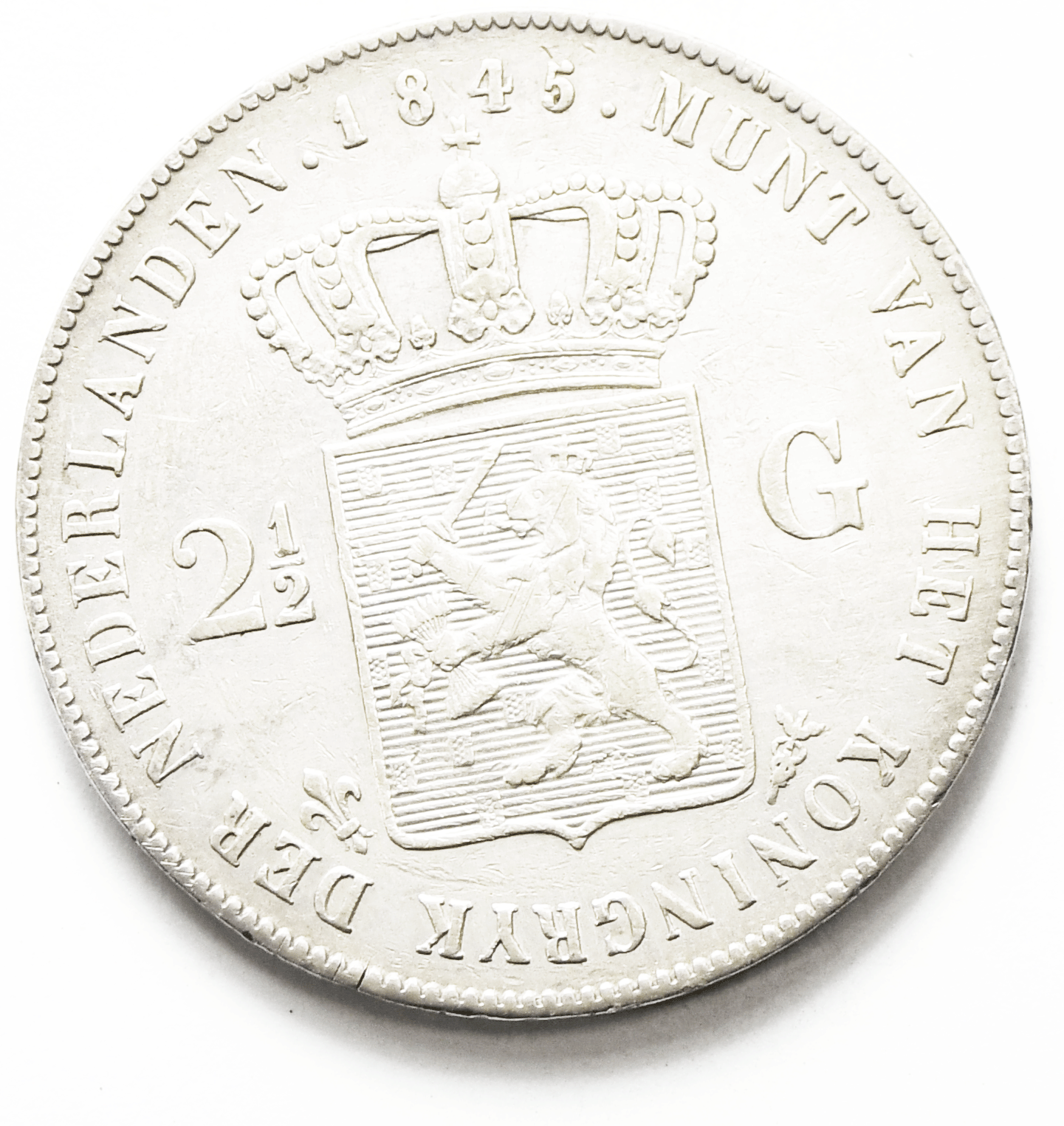 1845 Netherlands 2-1/2 Silver Gulden KM# 69.2 No Dot or Dash