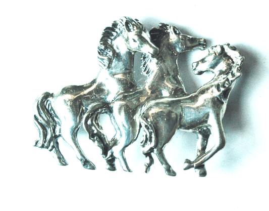 Sterling Silver Cloud Three Horse Brooch Pin 2" x 1-5/8" Equestrian
