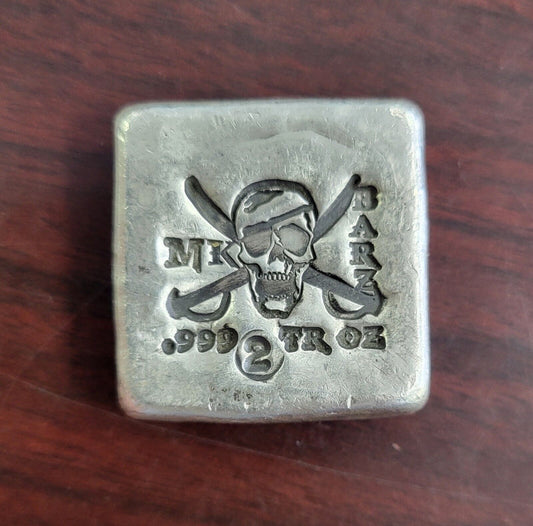 MK Barz 2oz Pirate Square  Nugget  .999 Fine Silver Poured Skull Crossbones