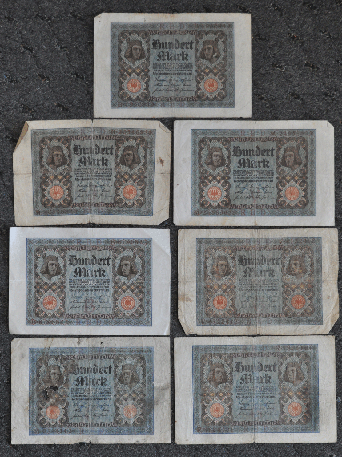 Lot of 7 1920 Germany 100 Hundred Mark Republic Treasury Note