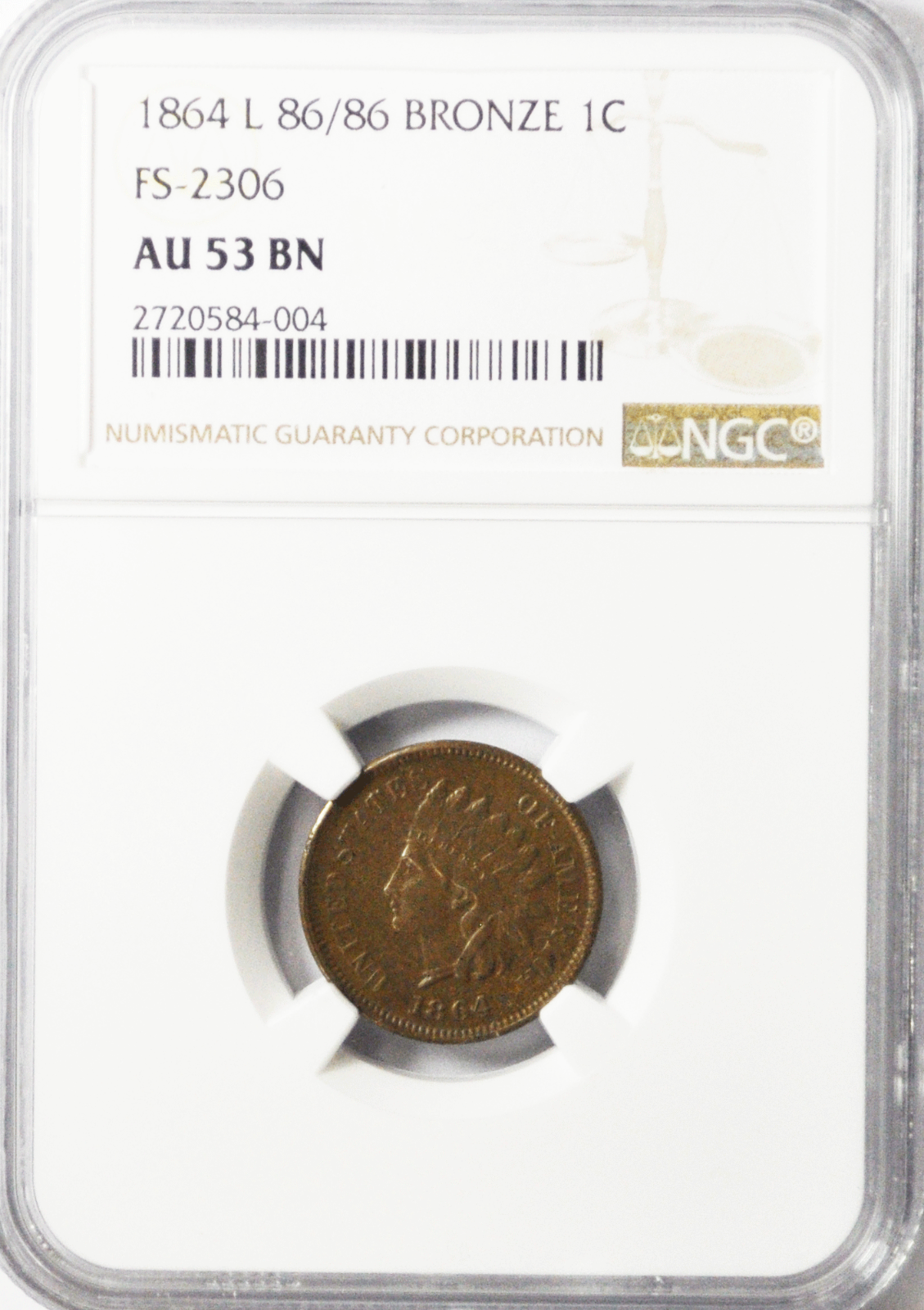 1864 L 86/86 1c Indian Head Penny AU53BN FS-2306 180 Rotated Dies 180 Mint Error