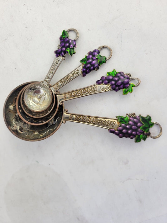 4pc Vintage Embossed Measuring Spoons w/ Wine Bottles & Enameled Grapes