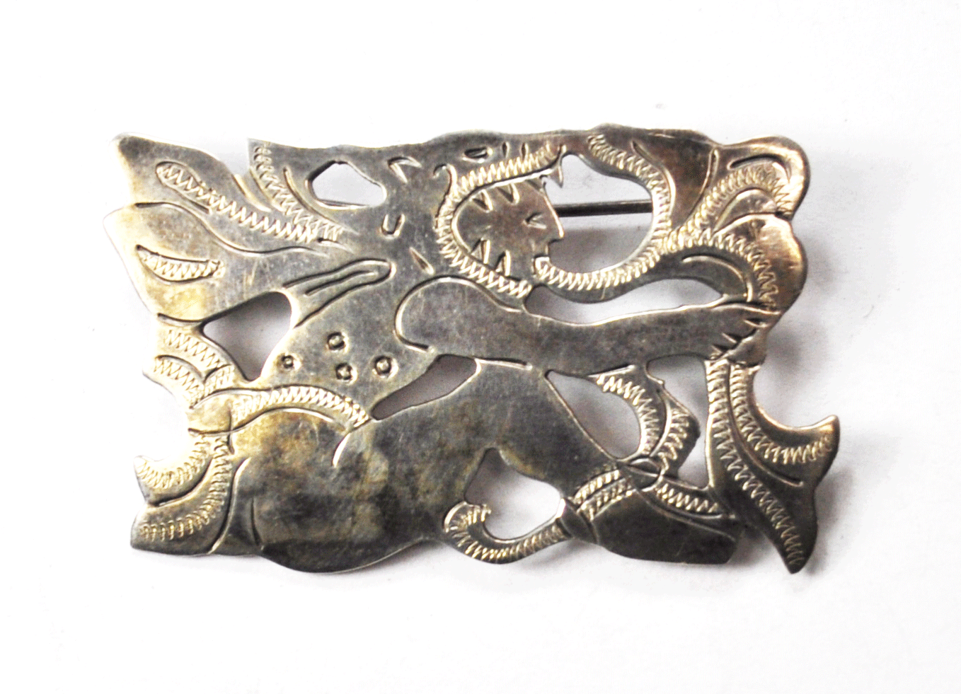 R&M. Guatemala Wolf Man Breathing Fire Brooch Pin 46mm x 29mm