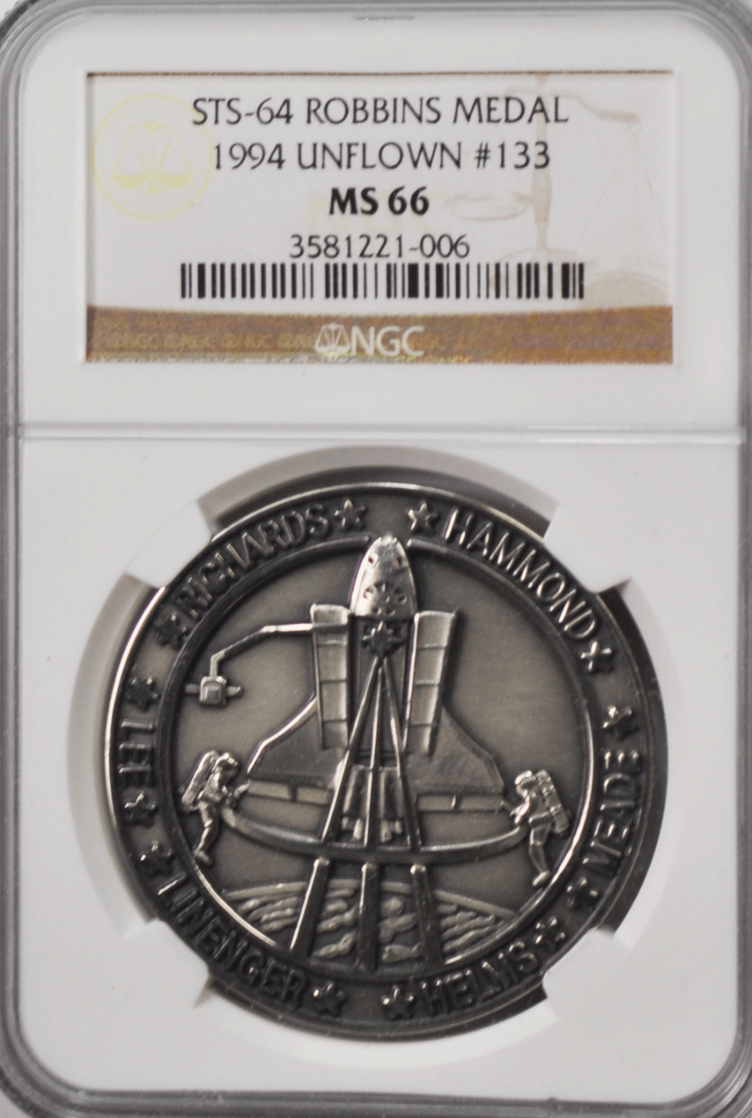 1994 STS-64 Robbins Silver Space Medal Unflown #133 NGC MS66 Discovery
