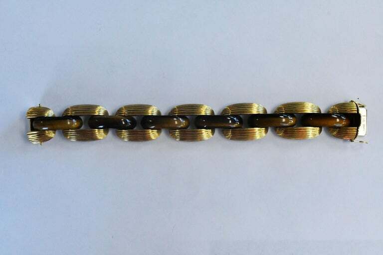 Vintage Louis Fiessler 18k YG Carved Tigers Eye Link Bracelet Germany 22mm