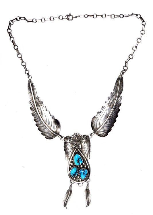 Sterling Silver Turquoise Cluster Teardrop Floral Necklace 61mm Pendant 17-3/4"