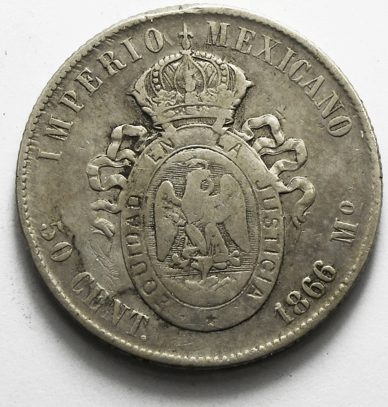 1866 Mo Mexico Empire Of Maximilian 50 Centavos KM# 387 Silver Coin Only 31,000