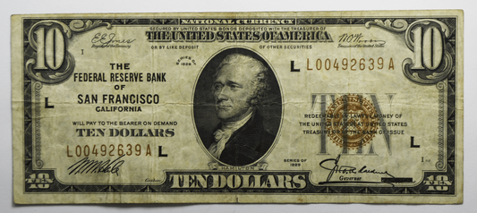 1929 $10 Ten Dollars FRBN Federal Reserve Bank Note SF California L00492639A