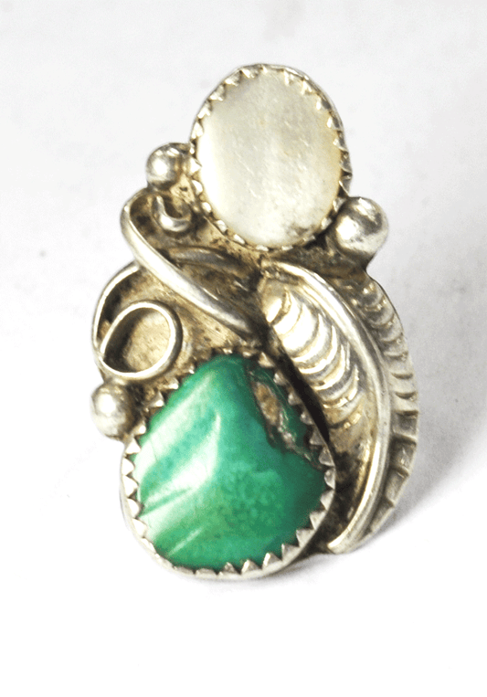 Antique Sterling Silver Green Turquoise & MOP Floral Dot Ring 29mm Size 5