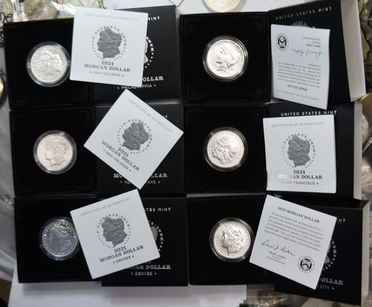 2021 $1 Commemorative Silver Dollar 6 Coin Morgan & Peace Set w Box & COA