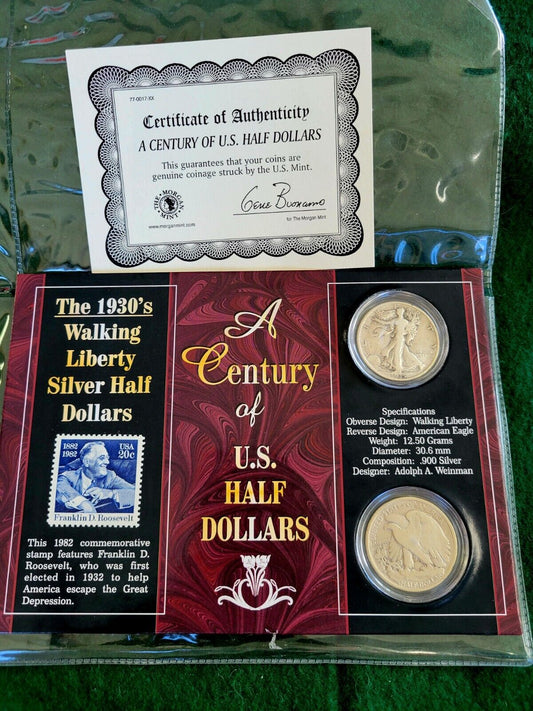 A Century of U. S. Walking Liberty Half Dollars and Stamp 2pc. Set