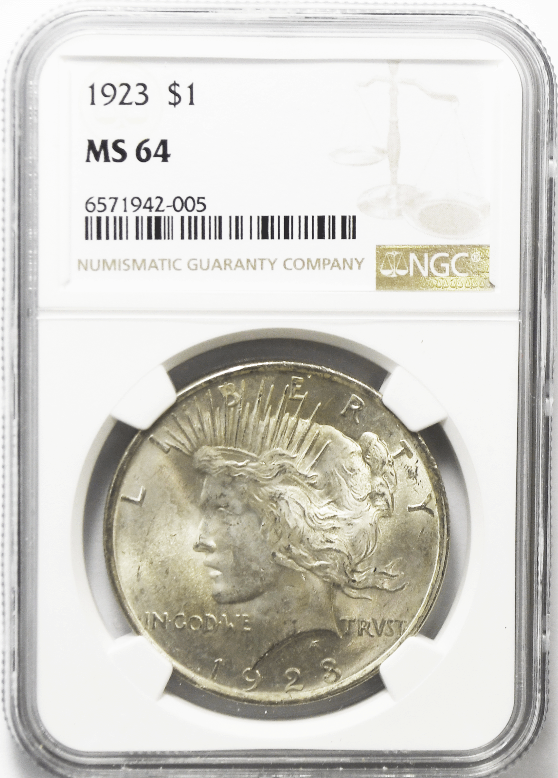 1923 $1 Peace Silver One Dollar US NGC MS64 Philadelphia Brilliant Uncirculated