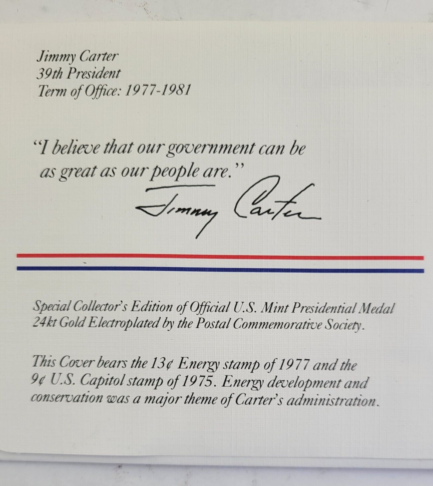 Jimmy Carter Presidential Covers Medal Postal Commemorative Society Gold Plated