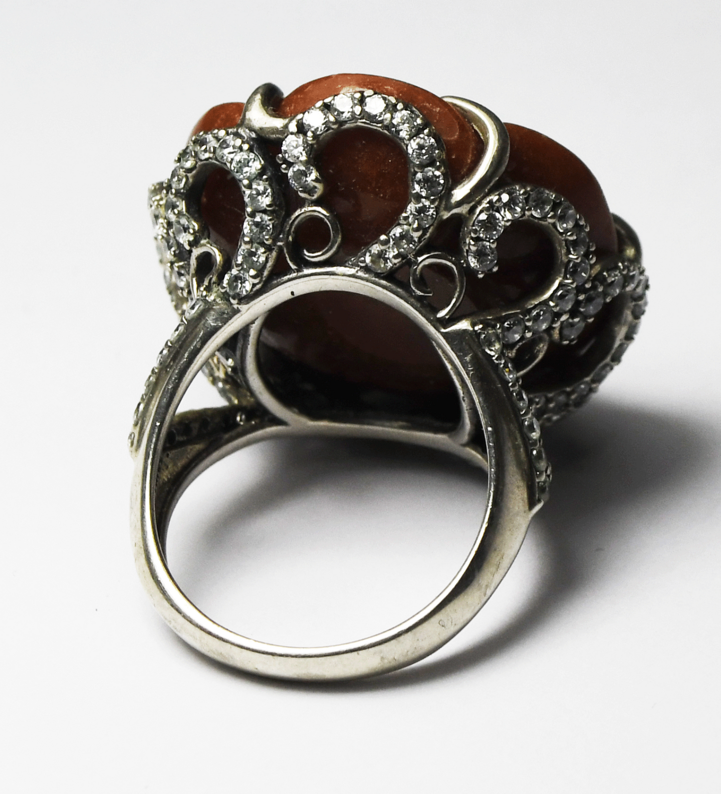 Sterling D'Joy Red Jade Carved Round Flower Ring 27mm Size 7