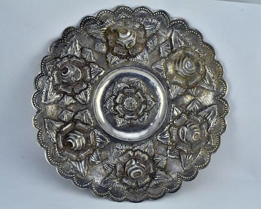 Vintage V. Acosta Signed .900 Fine Silver Mexico Tray 12" Rose Pattern 13.2oz.