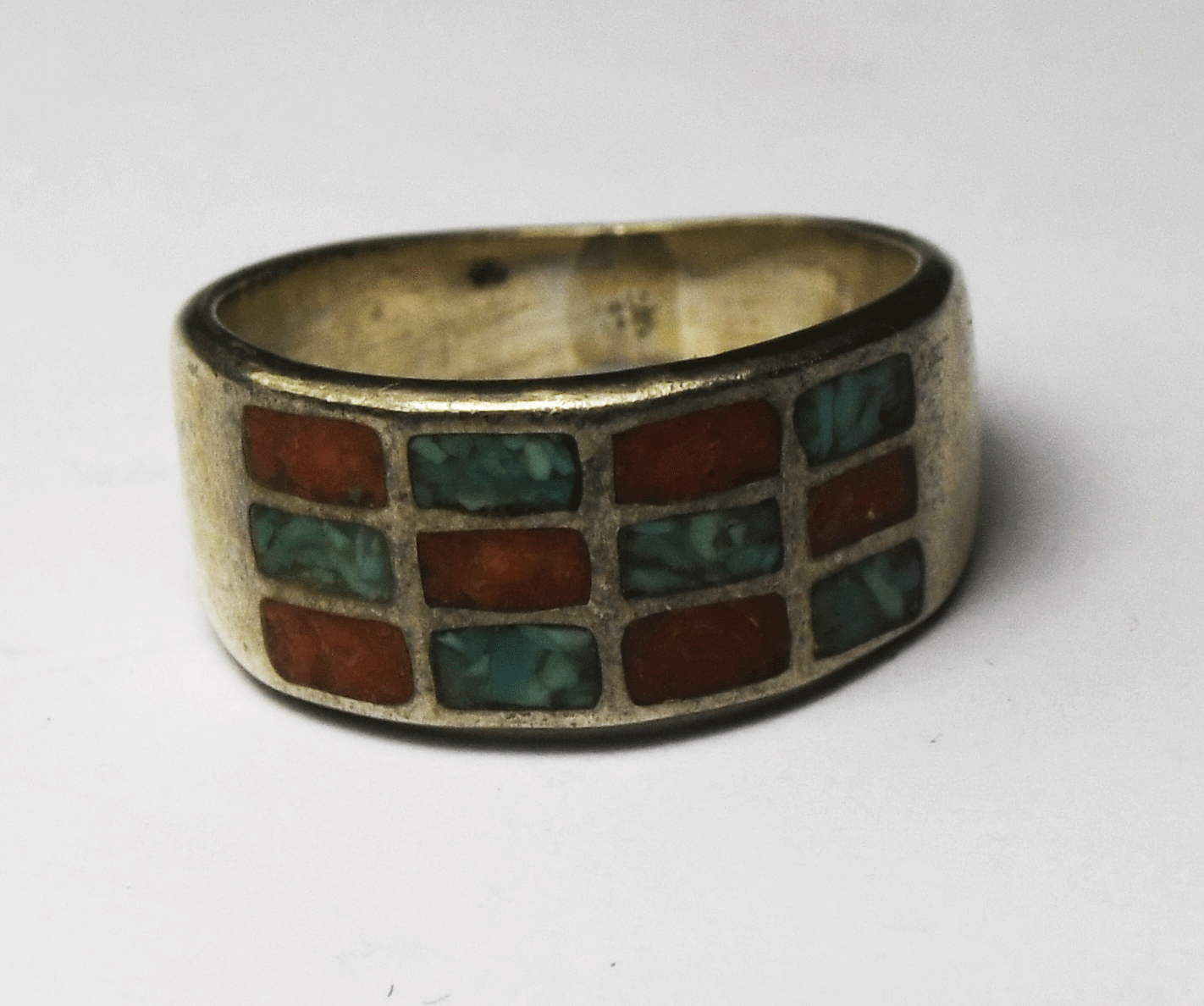 Sterling Signed Silver Bear Turquoise Coral Chip Inlay Ring 10mm Band Size 8