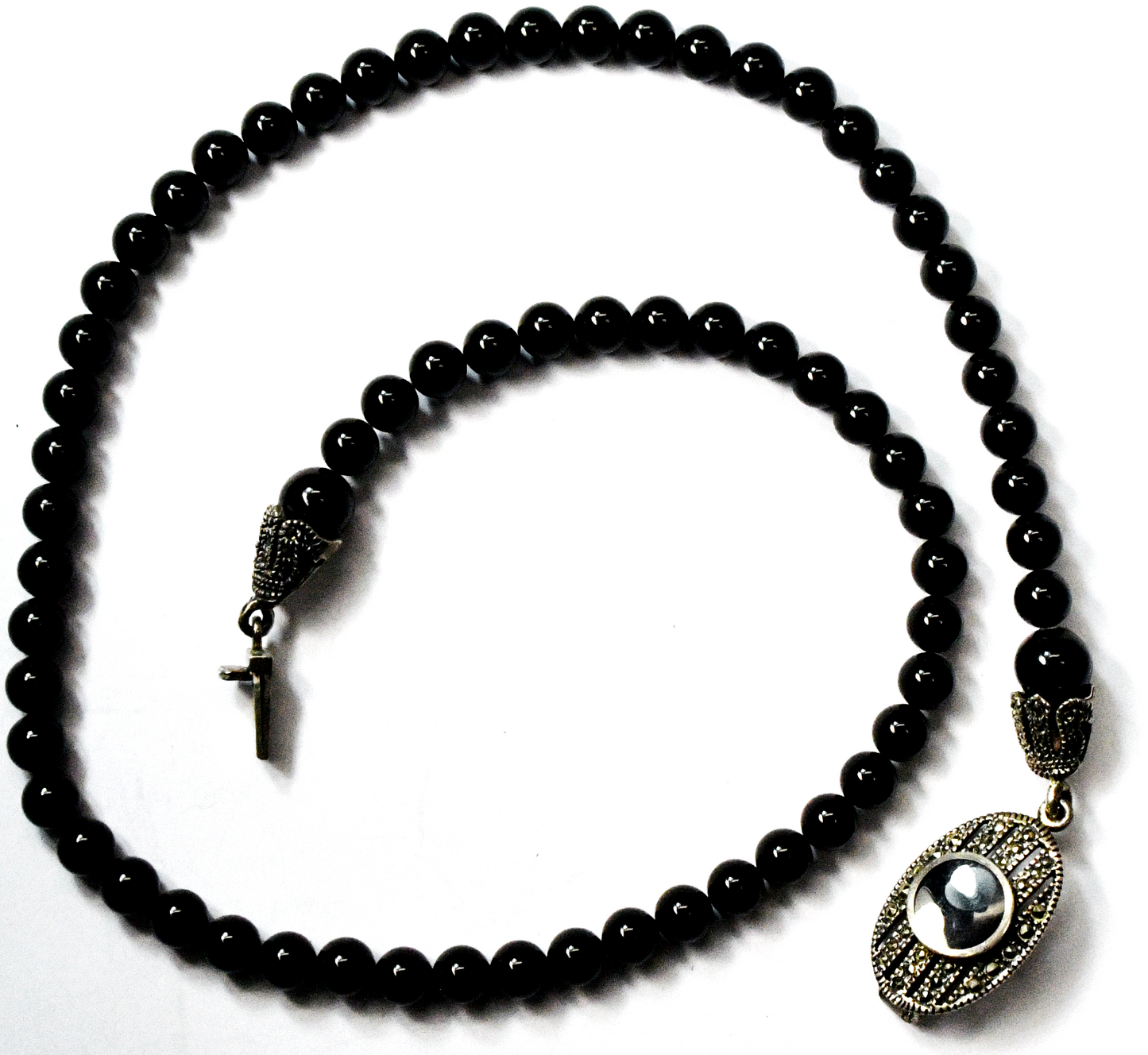 Sterling Black Onyx 6mm Bead Marcasite Clasp Necklace 18"