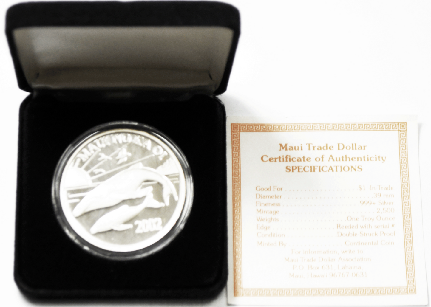 2002 Maui Trade Dollar Proof Silver 1oz .999 Only 2,500 Minted w Box & COA