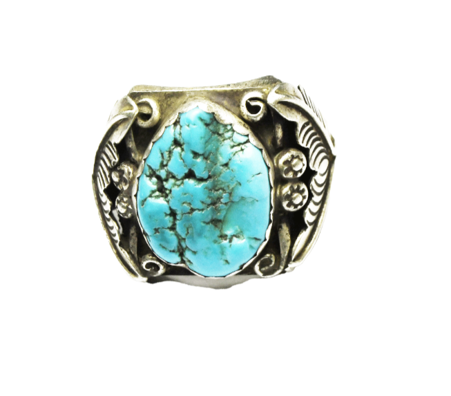 Sterling Silver Signed J Oval Turquoise Chunk Ring 23mm Size 13.5   27g