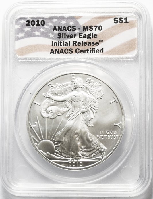 2010 $1 American Silver Eagle .999 Fine Silver One Ounce ANACS MS70 Flag Holder