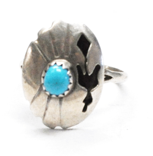 Vintage Sterling Silver Oval Turquoise Bird Cut Out Ring 21mm Size 6