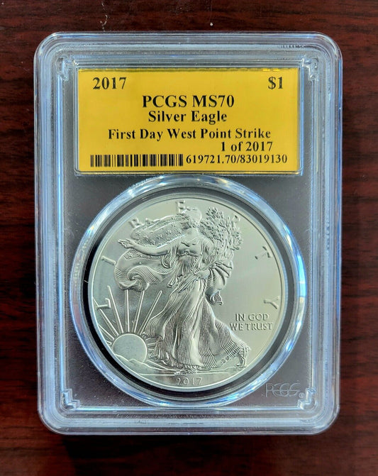 2017 Silver Eagle Dollar $1 PCGS MS70 First Day West Point Strike Gold Label