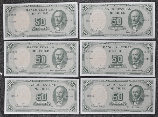 6 Sequential Chile 5 Centesimos on 50 Pesos Notes 846245-250 AU