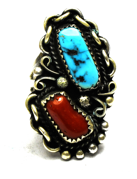 Antique Sterling Silver Coral  & Turquoise Dot Chain Halo Ring 37mm Size 8