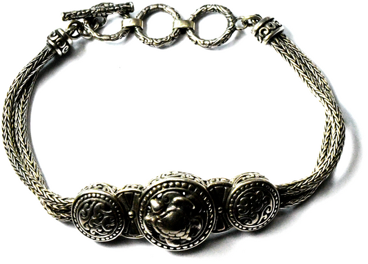 Sterling Silver Turtle Center Double 2.5mm Byzantine Toggle Bracelet 16mm 8"