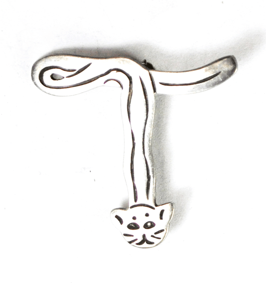 Sterling Silver Mexico TV-2 Letter T Cat 2-D Brooch Pin 34mm x 36mm Etched