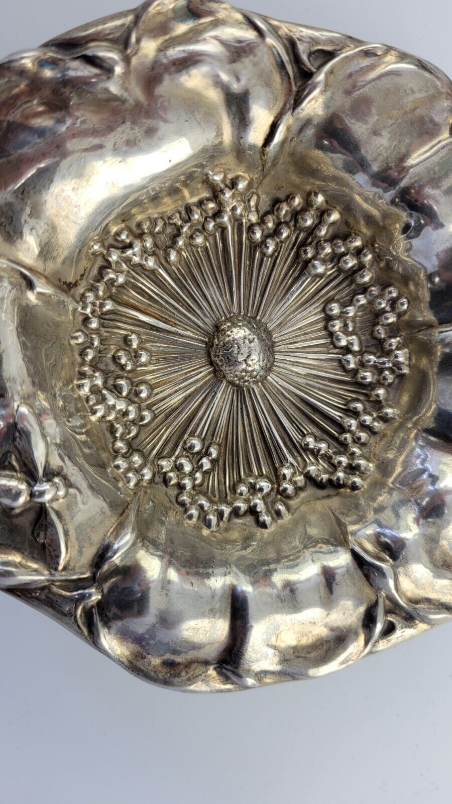 1880s Mauser Poppy Sterling Silver 5 1/2" Hand Wrought  Repoussee Dish 2.4oz.