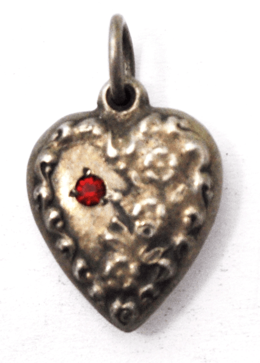 Antique Sterling Triple Flower Red Stone Puffy Heart Charm 18mm x 14mm