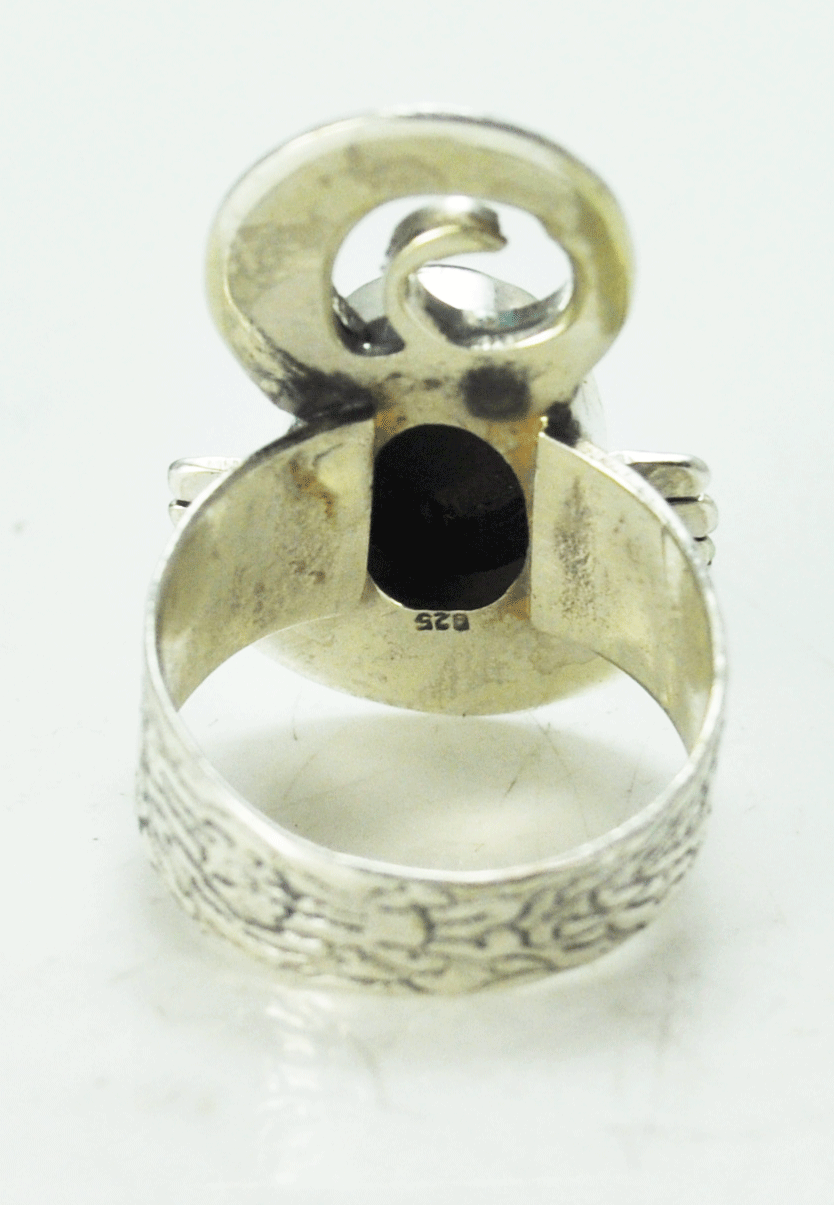 Sterling Silver Oval Black Stone Gold Veins Elongated Swirl Ring 29mm Size 7