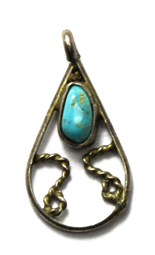 Sterling Silver Signed AD Turquoise Teardrop Wire Pendant 30mm  x 15mm