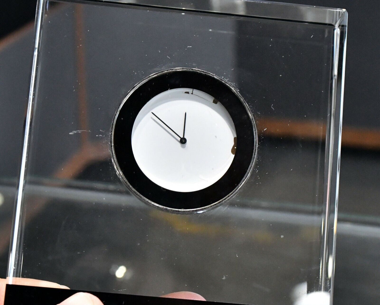 Vintage Seiko Precision Clear Black Glass Paperweight Clock 4 1/4" x 4"