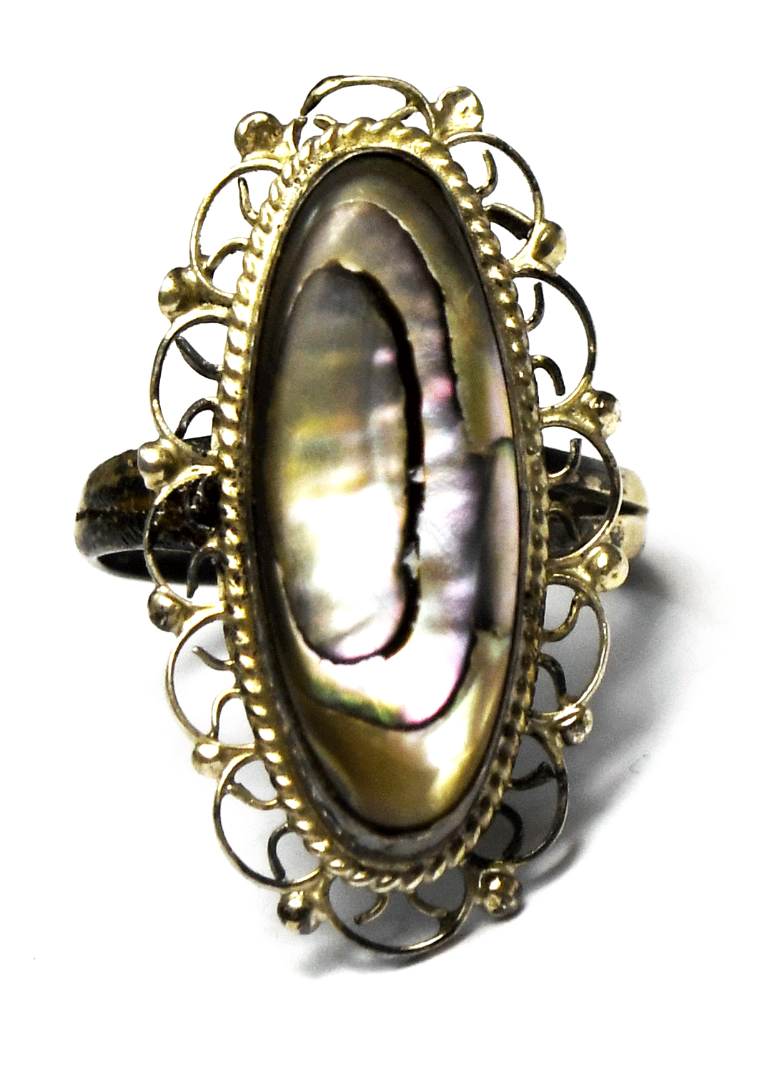 Sterling Silver Mexico Oval Abalone Filigree Ring 27mm Size 6