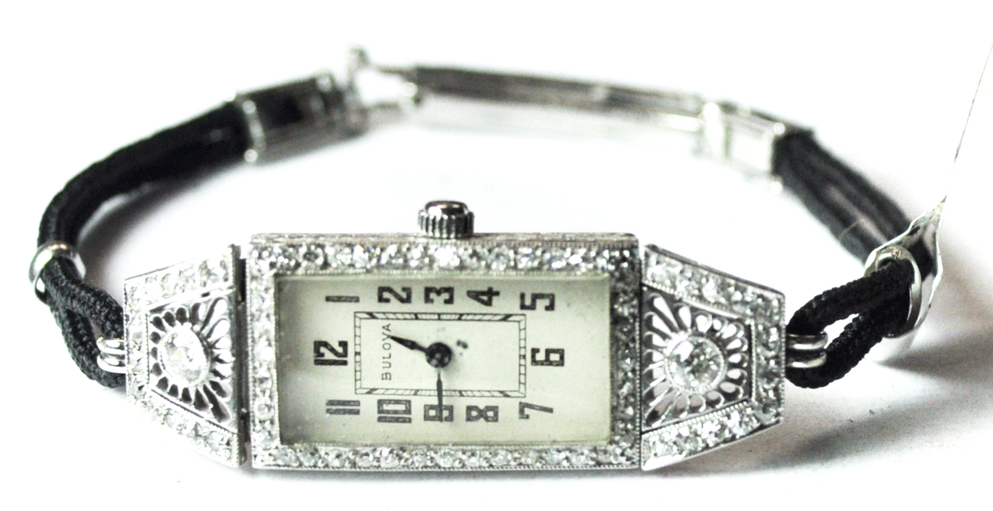 Vintage Art Deco Bulova Platinum Diamond Filigree Wristwatch 14mm Quartz