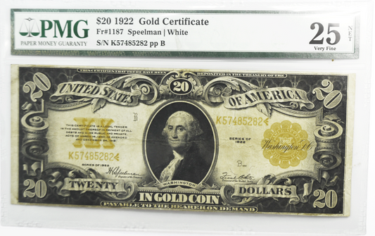 1922 $20 Twenty Dollars Gold Certificate Large Note FR#1187 K57485282 PMG 25