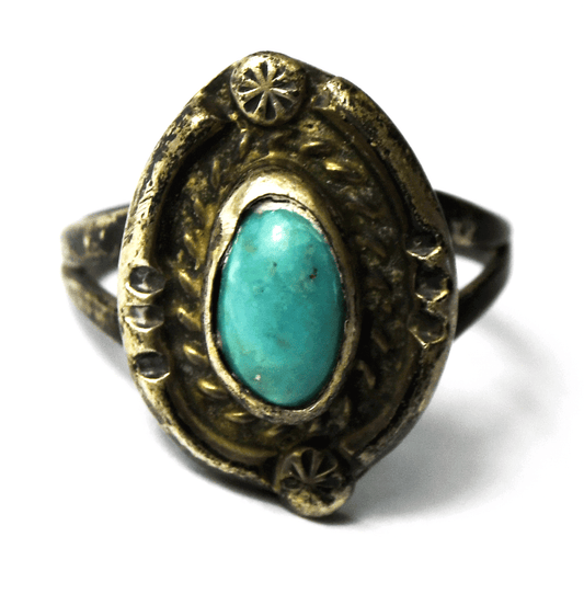 Antique Sterling Silver Turquoise Oval Solitaire Ring 18mm Size 5-3/4