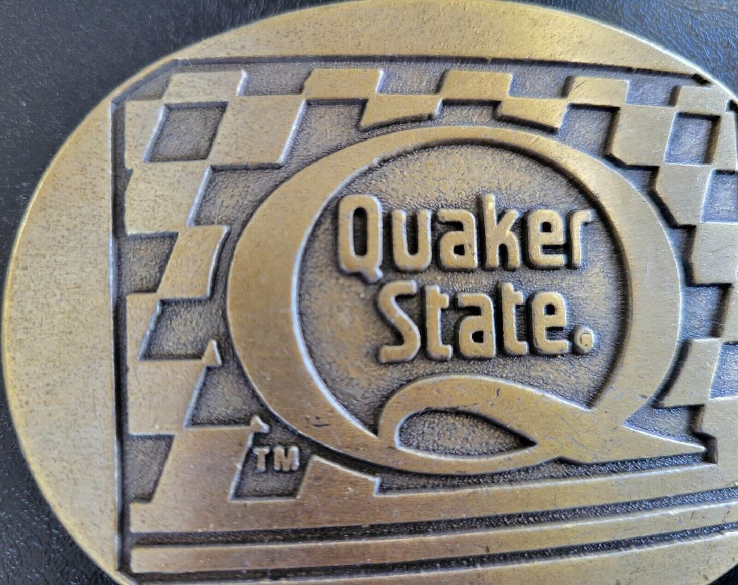 Vtg 1980's Quaker State Motor Oil Company Racing Car Truck Brass Belt Buckle