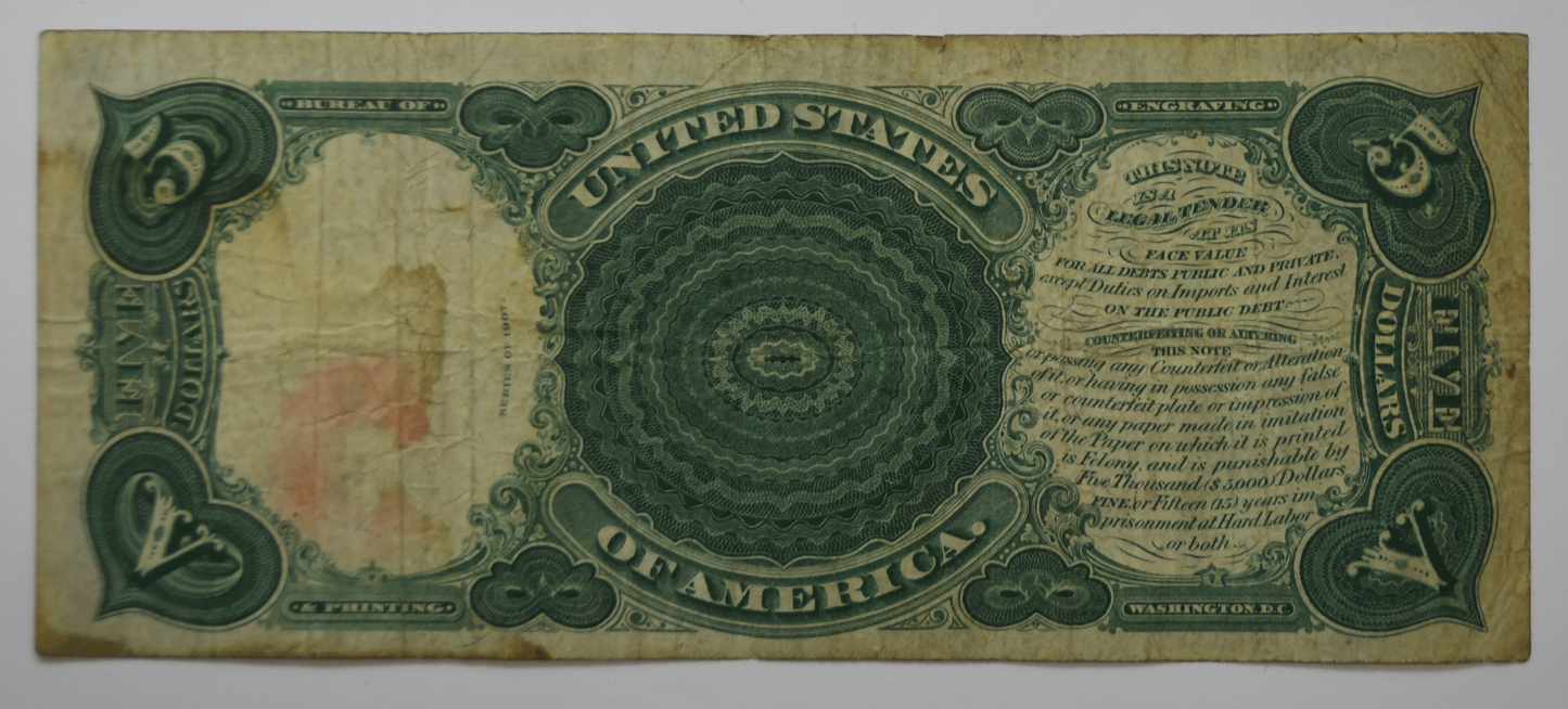 1907 $5 Five Dollars Legal Tender Jefferson Red Seal H28026443 FR#88 Woodchopper